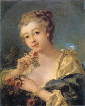  ROSAS Pintura - Mujer joven con un ramo de rosas Francois Boucher